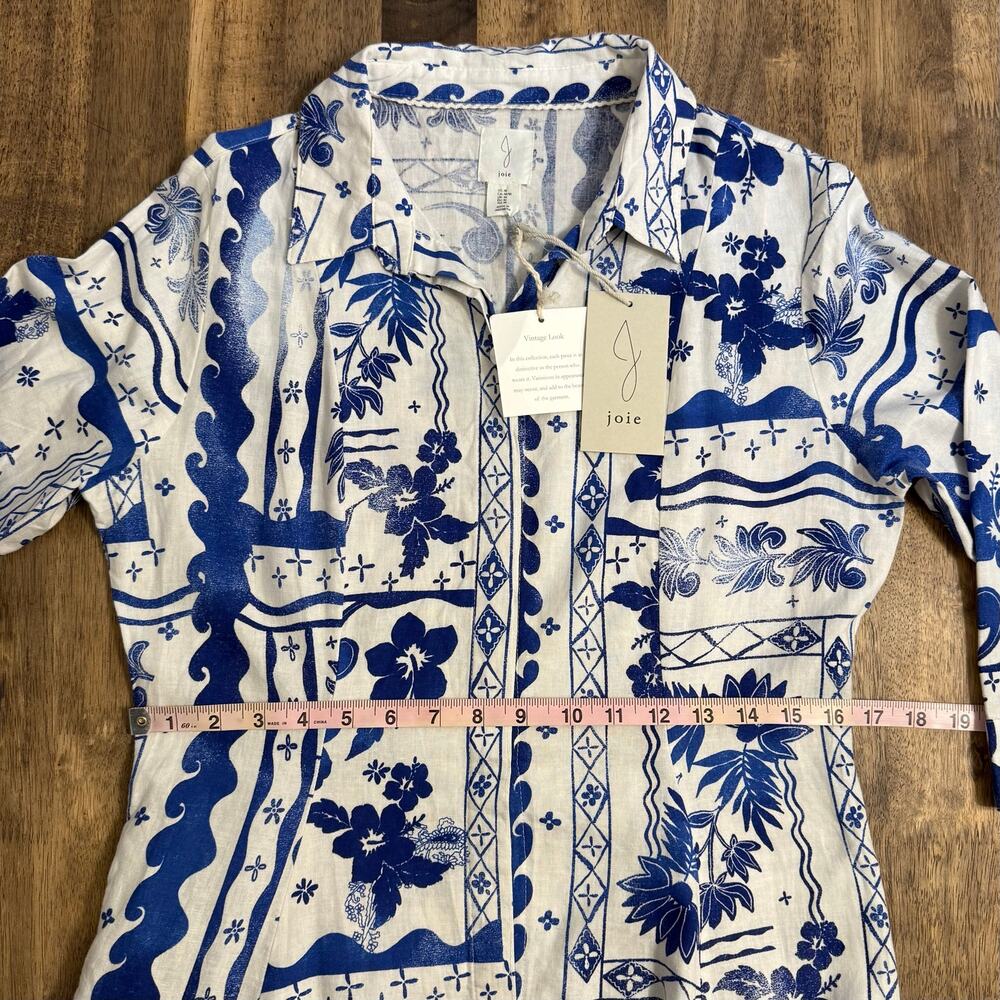 Joie Dress Linen Hawaiian Tropical Hibiscus Resort Beach White Blue Women Medium - Picture 7 of 9